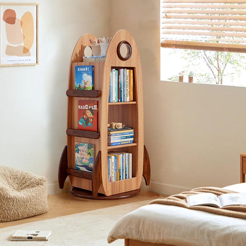 Contemporary Creative Solid Wood Rocket-Shaped Swivel Bookshelf With 4-Tier Storage For Living Room & Bedroom Cuvalon