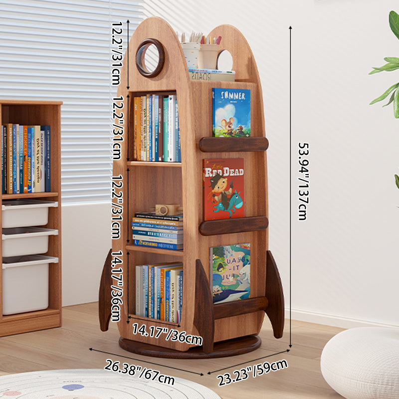 Contemporary Creative Solid Wood Rocket-Shaped Swivel Bookshelf With 4-Tier Storage For Living Room & Bedroom Cuvalon