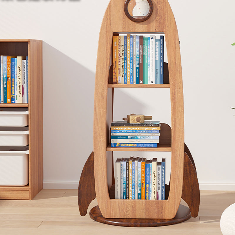 Contemporary Creative Solid Wood Rocket-Shaped Swivel Bookshelf With 4-Tier Storage For Living Room & Bedroom Cuvalon