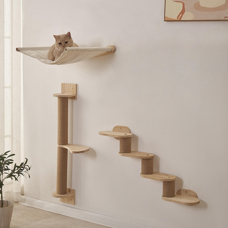 Modern Minimalist Cylindrical Solid Pine Wood Sisal Fabric Cat Tree & Condo 1-Hammock 1-Scratching Post For Living Room Cuvalon