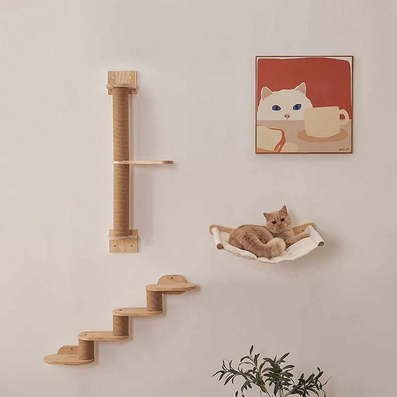 Modern Minimalist Cylindrical Solid Pine Wood Sisal Fabric Cat Tree & Condo 1-Hammock 1-Scratching Post For Living Room Cuvalon