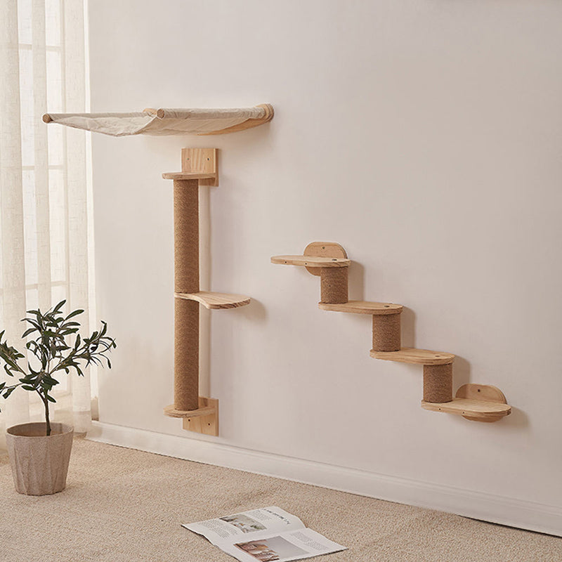 Modern Minimalist Cylindrical Solid Pine Wood Sisal Fabric Cat Tree & Condo 1-Hammock 1-Scratching Post For Living Room Cuvalon