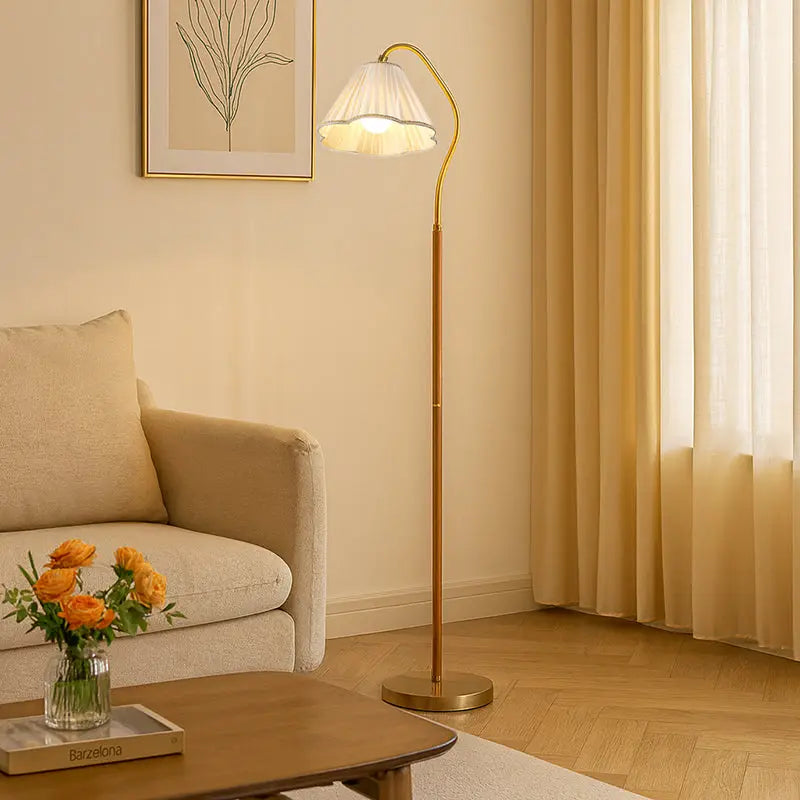 Japanese Vintage Flower Solid Wood Iron Fabric 1-Light Standing Floor Lamp Cuvalon