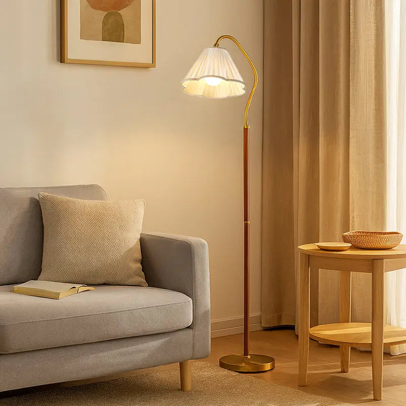 Japanese Vintage Flower Solid Wood Iron Fabric 1-Light Standing Floor Lamp Cuvalon