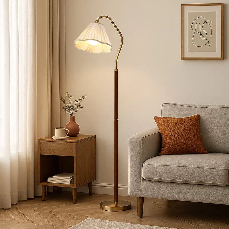 Japanese Vintage Flower Solid Wood Iron Fabric 1-Light Standing Floor Lamp Cuvalon