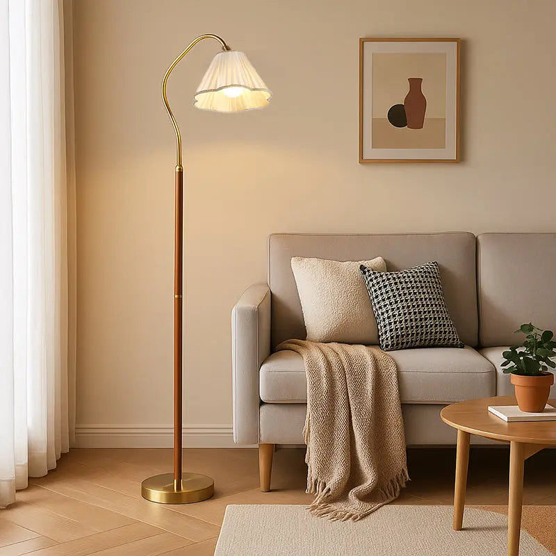 Japanese Vintage Flower Solid Wood Iron Fabric 1-Light Standing Floor Lamp Cuvalon