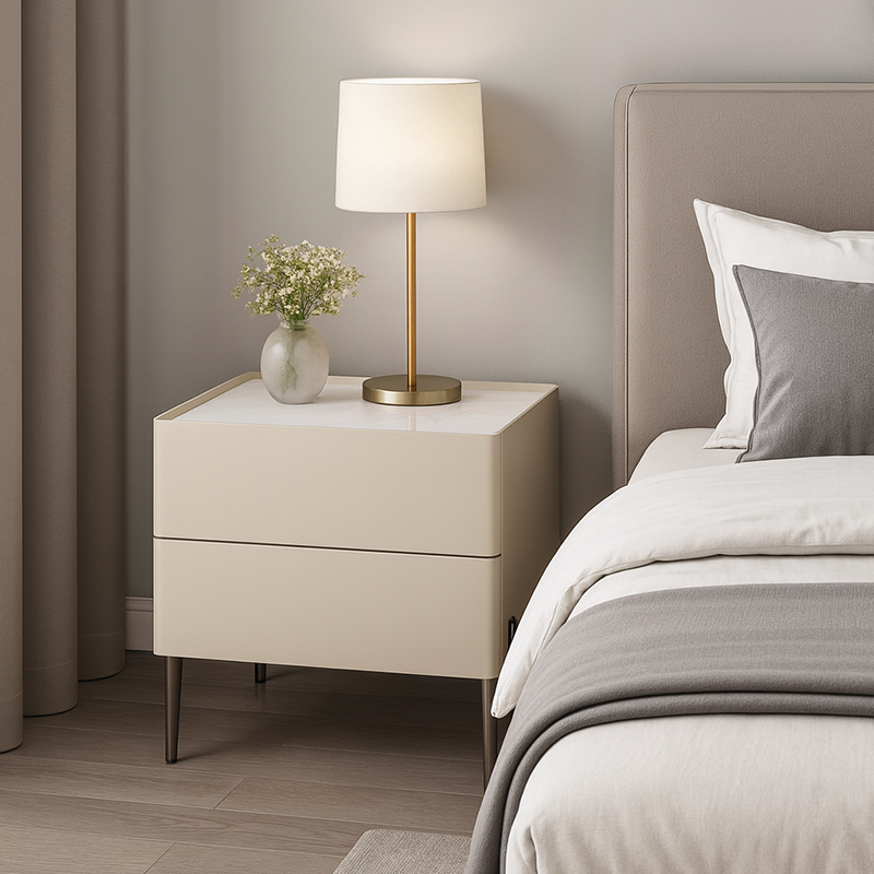 Contemporary Scandinavian Square Cream White 2-Drawer Storage Nightstand - Stone Slab Top Bedside Table For Bedroom Cuvalon