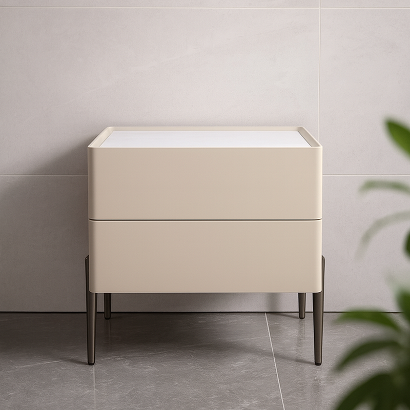 Contemporary Scandinavian Square Cream White 2-Drawer Storage Nightstand - Stone Slab Top Bedside Table For Bedroom Cuvalon