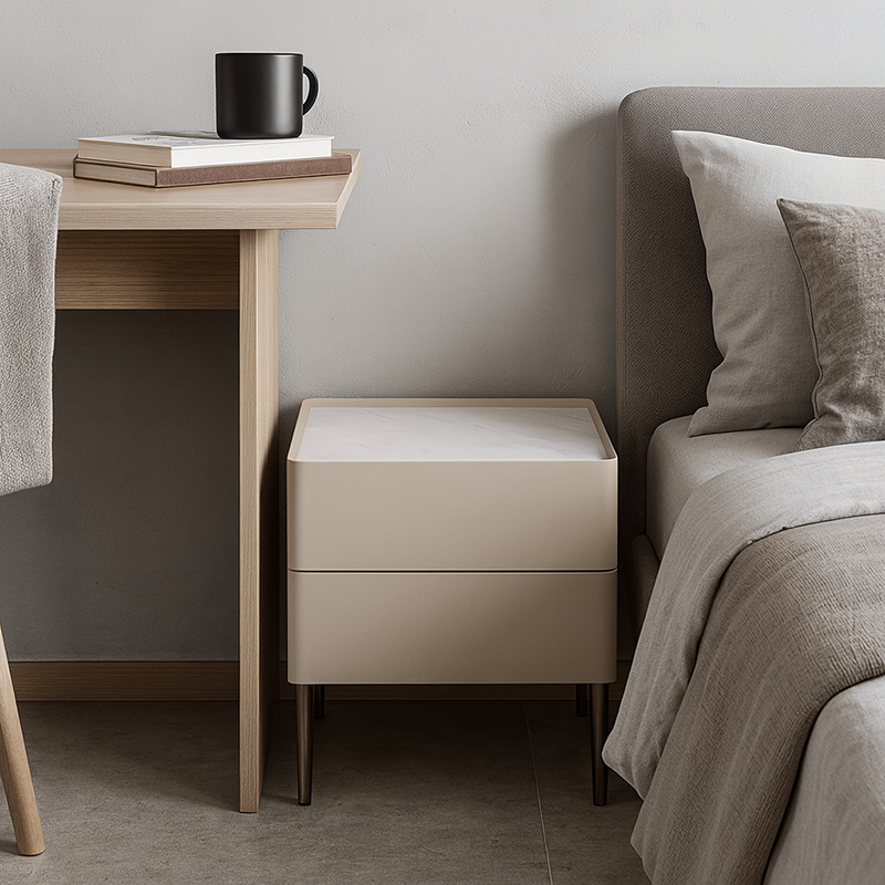 Contemporary Scandinavian Square Cream White 2-Drawer Storage Nightstand - Stone Slab Top Bedside Table For Bedroom Cuvalon