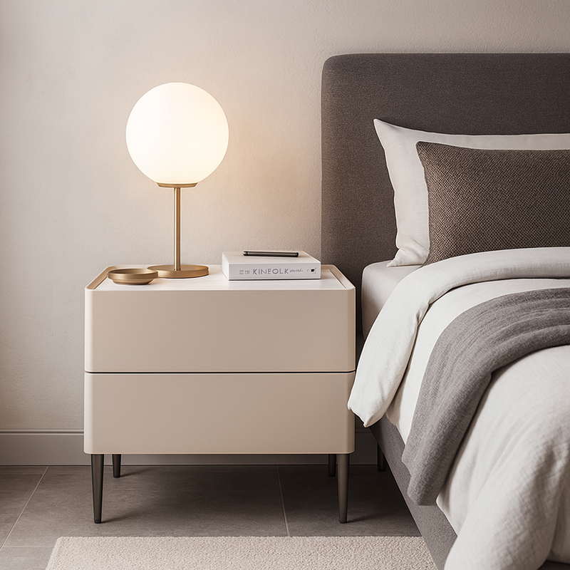 Contemporary Scandinavian Square Cream White 2-Drawer Storage Nightstand - Stone Slab Top Bedside Table For Bedroom Cuvalon