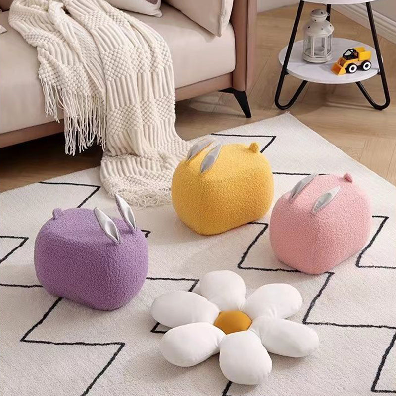 Contemporary Creative Kids Rabbit-Shaped Teddy Fabric Solid Wood Sponge Low Stool Backless Armless For Living Room Cuvalon