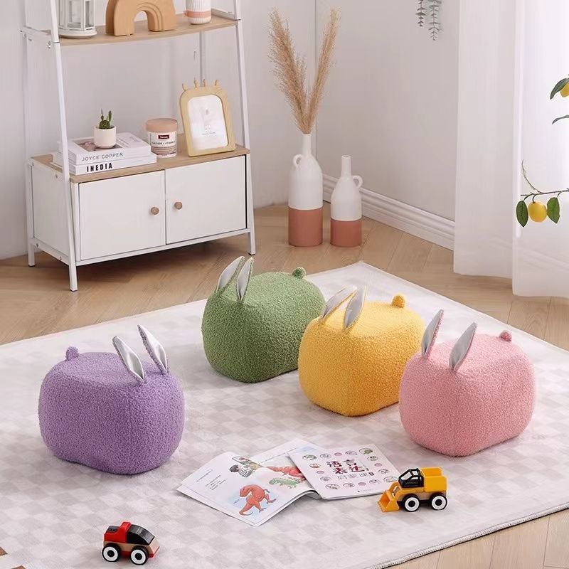 Contemporary Creative Kids Rabbit-Shaped Teddy Fabric Solid Wood Sponge Low Stool Backless Armless For Living Room Cuvalon