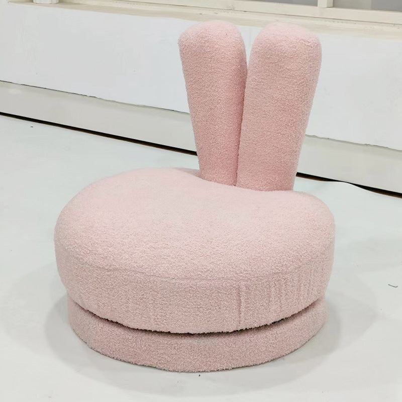 Modern Minimalist Kids Lambswool Solid Wood Round Bunny-Ear Low Stool With Backrest For Living Room Cuvalon