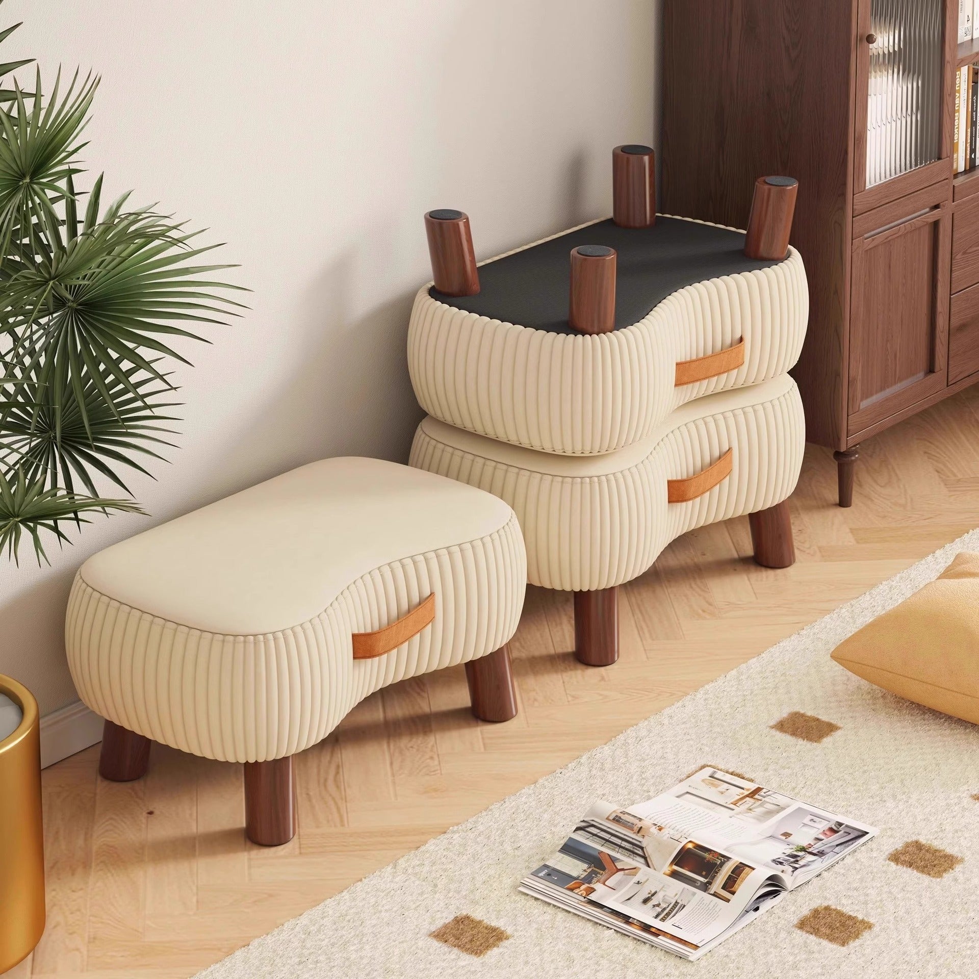 Contemporary Scandinavian Tech Fabric Solid Wood Soap-Shaped Cylinder Low Stool For Living Room Cuvalon