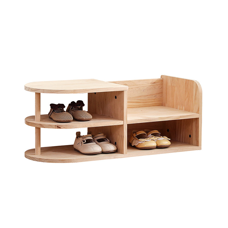 Traditional Japanese Pine Wood Kids Curved Square Shoe Bench With 2-Tier For Living Room Cuvalon
