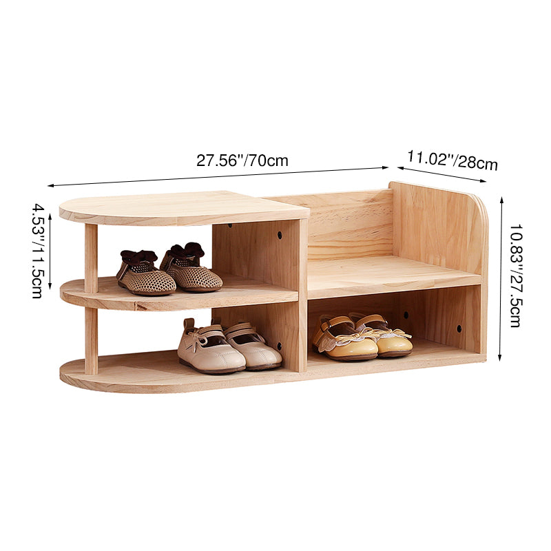Traditional Japanese Pine Wood Kids Curved Square Shoe Bench With 2-Tier For Living Room Cuvalon