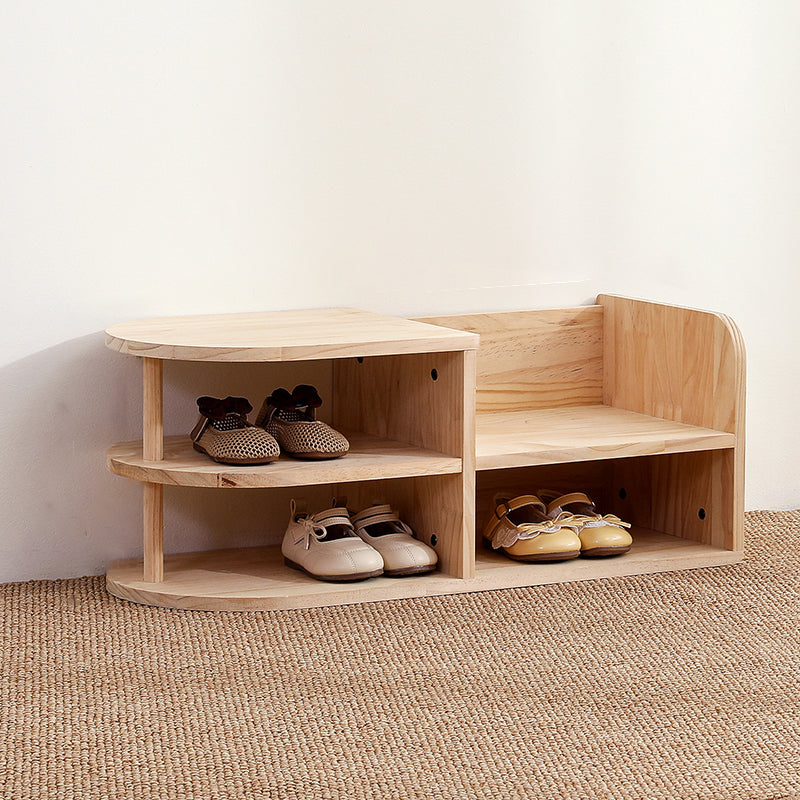 Traditional Japanese Pine Wood Kids Curved Square Shoe Bench With 2-Tier For Living Room Cuvalon