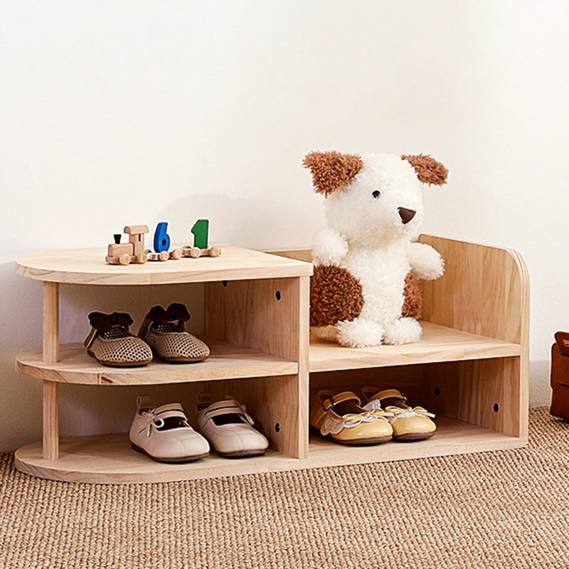Traditional Japanese Pine Wood Kids Curved Square Shoe Bench With 2-Tier For Living Room Cuvalon