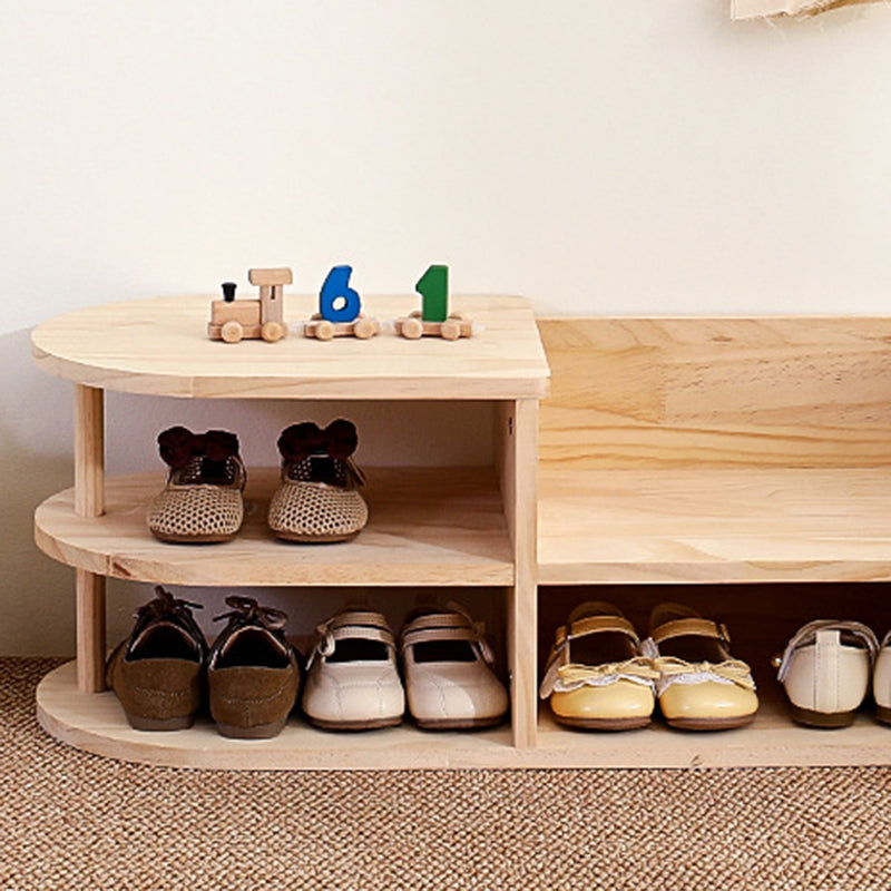 Traditional Japanese Pine Wood Kids Curved Square Shoe Bench With 2-Tier For Living Room Cuvalon