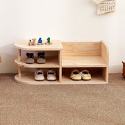 Traditional Japanese Pine Wood Kids Curved Square Shoe Bench With 2-Tier For Living Room Cuvalon