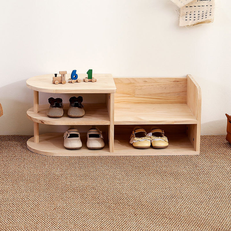 Traditional Japanese Pine Wood Kids Curved Square Shoe Bench With 2-Tier For Living Room Cuvalon