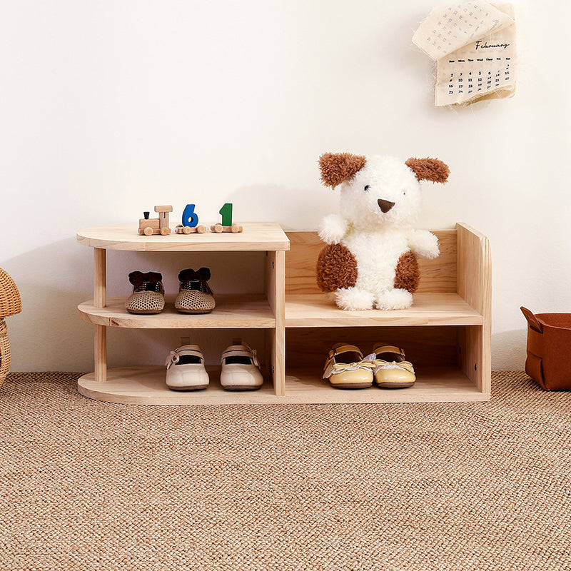 Traditional Japanese Pine Wood Kids Curved Square Shoe Bench With 2-Tier For Living Room Cuvalon