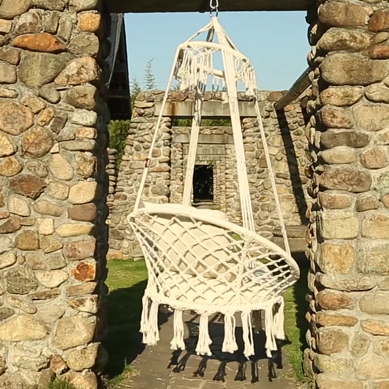 Contemporary Coastal Round Cotton Rope Steel Outdoor Hanging Chair Backrest Armless For Garden Cuvalon
