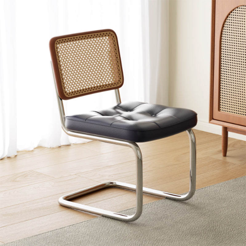 Traditional Vintage Arc Stainless Steel Leather Sponge Plastic Rattan Weaving Dining Chair Backrest Armless For Dining Room Cuvalon