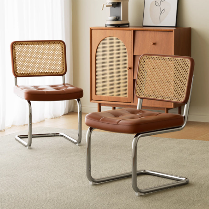 Traditional Vintage Arc Stainless Steel Leather Sponge Plastic Rattan Weaving Dining Chair Backrest Armless For Dining Room Cuvalon
