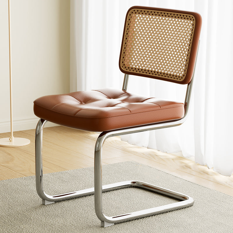 Traditional Vintage Arc Stainless Steel Leather Sponge Plastic Rattan Weaving Dining Chair Backrest Armless For Dining Room Cuvalon