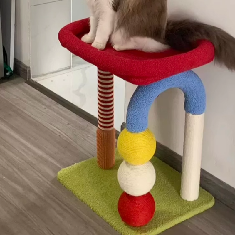 Contemporary Creative Geometric Shape MDF Teddy Fleece Sword Hemp Rope Cat Tower 2-Tier For Living Room Cuvalon