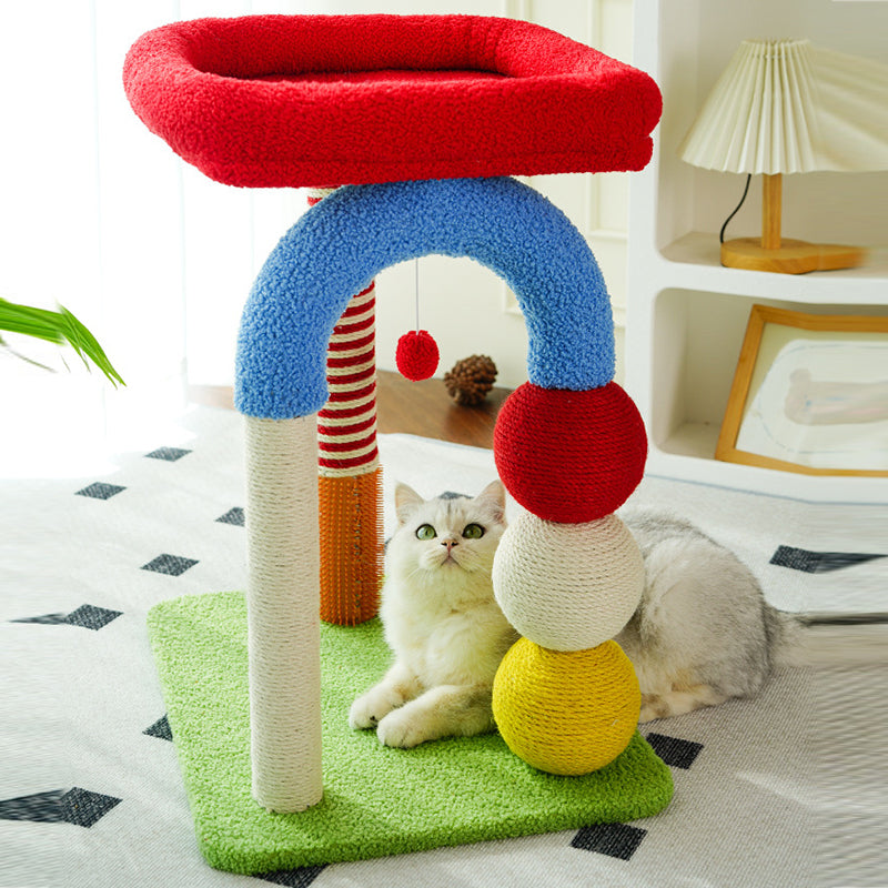 Contemporary Creative Geometric Shape MDF Teddy Fleece Sword Hemp Rope Cat Tower 2-Tier For Living Room Cuvalon