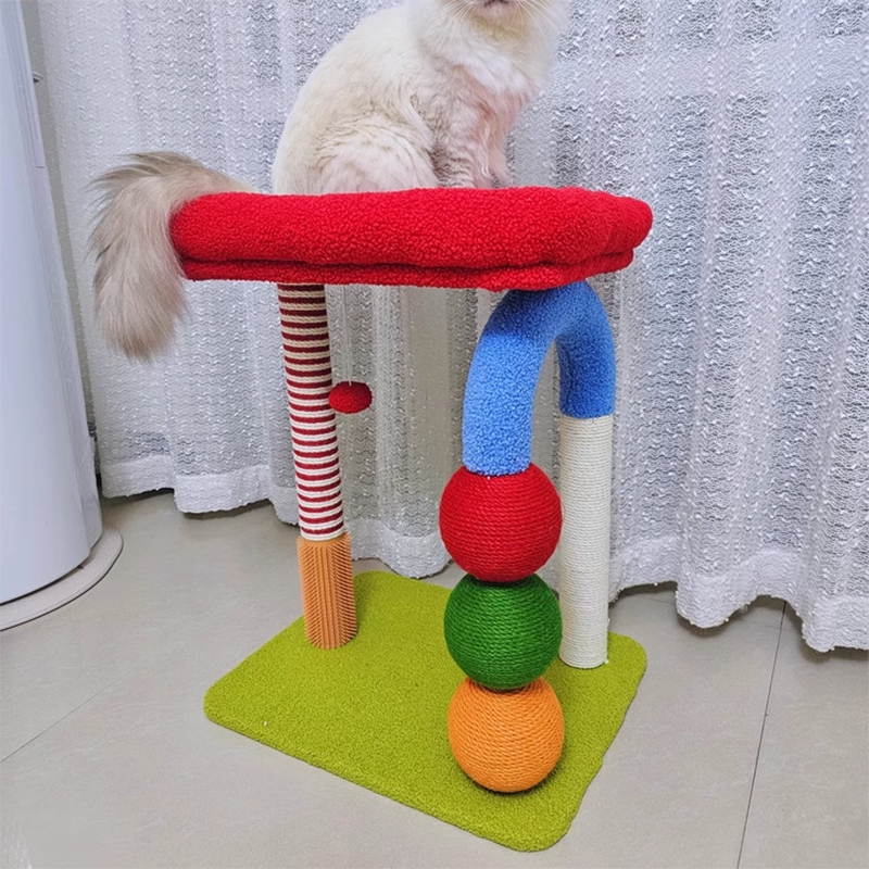 Contemporary Creative Geometric Shape MDF Teddy Fleece Sword Hemp Rope Cat Tower 2-Tier For Living Room Cuvalon