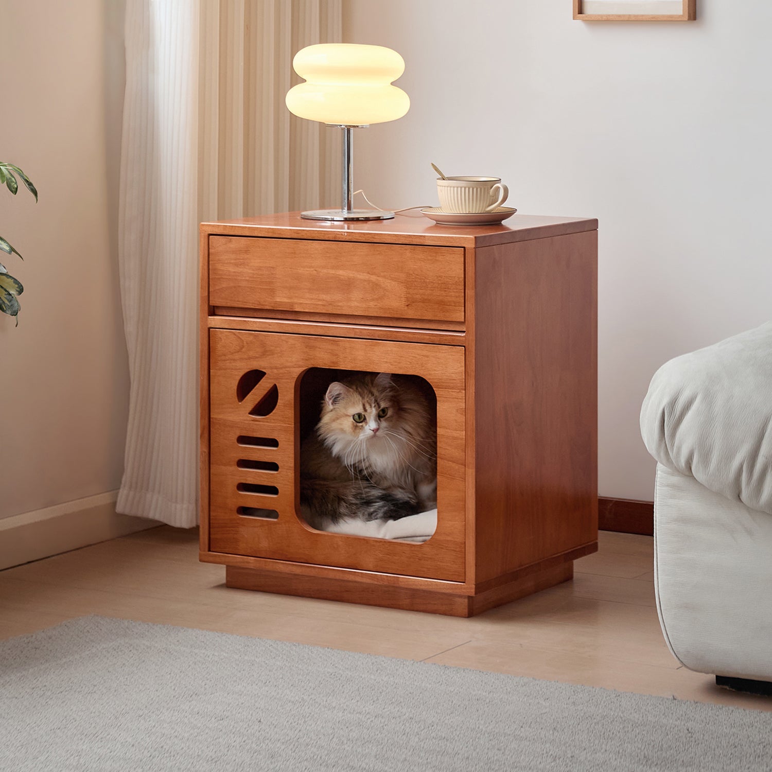 Contemporary Creative Rectangular Rubberwood Plywood Pine Wood Cat Bed Nightstand 1-Drawer For Bedroom Cuvalon