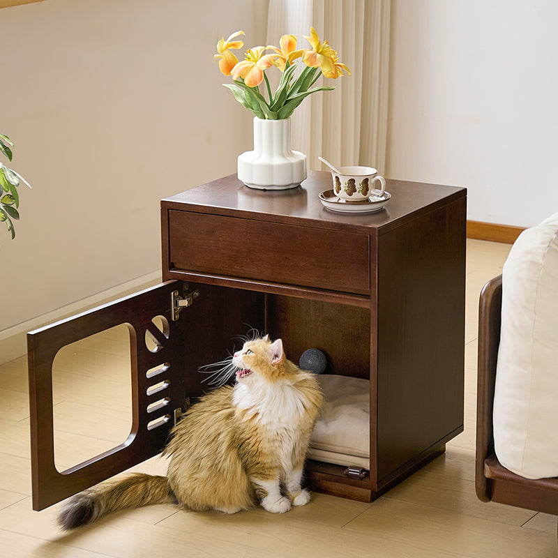 Contemporary Creative Rectangular Rubberwood Plywood Pine Wood Cat Bed Nightstand 1-Drawer For Bedroom Cuvalon