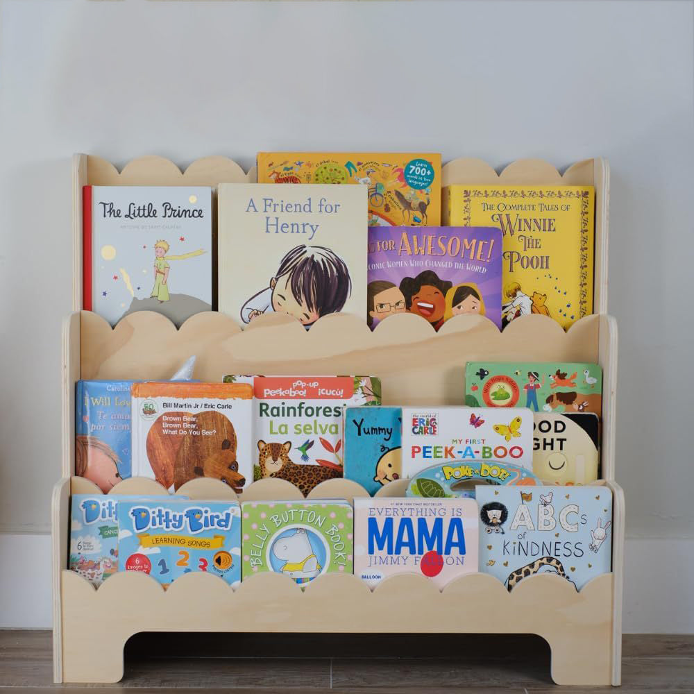 Contemporary Nordic Fan-Shaped Pine Wood & Plywood Kids Bookshelf 3-Layer For Living Room & Study Room Cuvalon