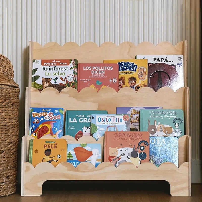 Contemporary Nordic Fan-Shaped Pine Wood & Plywood Kids Bookshelf 3-Layer For Living Room & Study Room Cuvalon