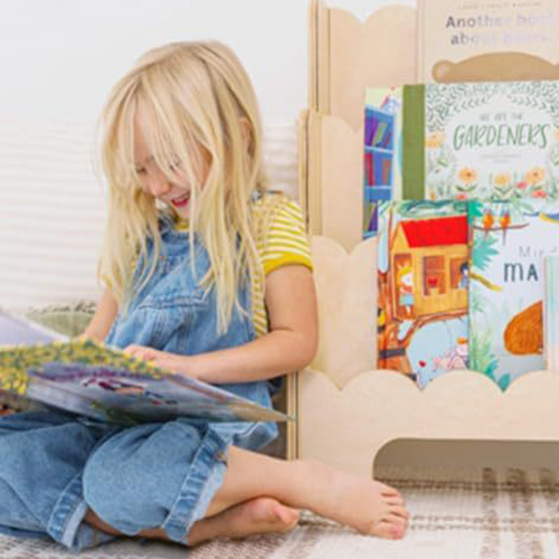 Contemporary Nordic Fan-Shaped Pine Wood & Plywood Kids Bookshelf 3-Layer For Living Room & Study Room Cuvalon