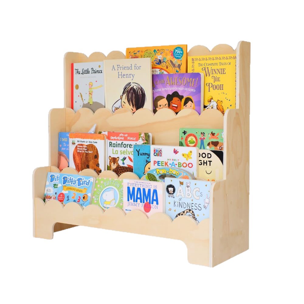 Contemporary Nordic Fan-Shaped Pine Wood & Plywood Kids Bookshelf 3-Layer For Living Room & Study Room Cuvalon