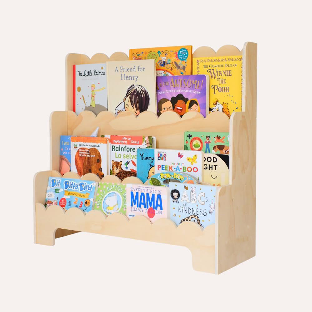 Contemporary Nordic Fan-Shaped Pine Wood & Plywood Kids Bookshelf 3-Layer For Living Room & Study Room Cuvalon