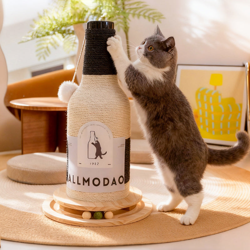 Modern Art Deco Wooden Board Sisal Rope Wine Bottle Cat Tower 1-Rotating Base For Living Room Cuvalon