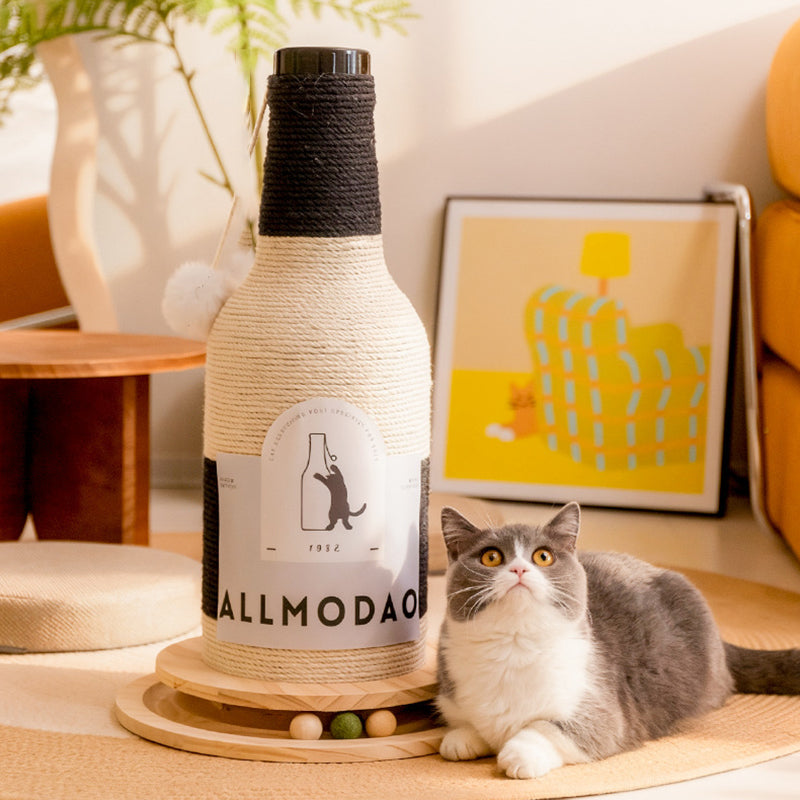 Modern Art Deco Wooden Board Sisal Rope Wine Bottle Cat Tower 1-Rotating Base For Living Room Cuvalon