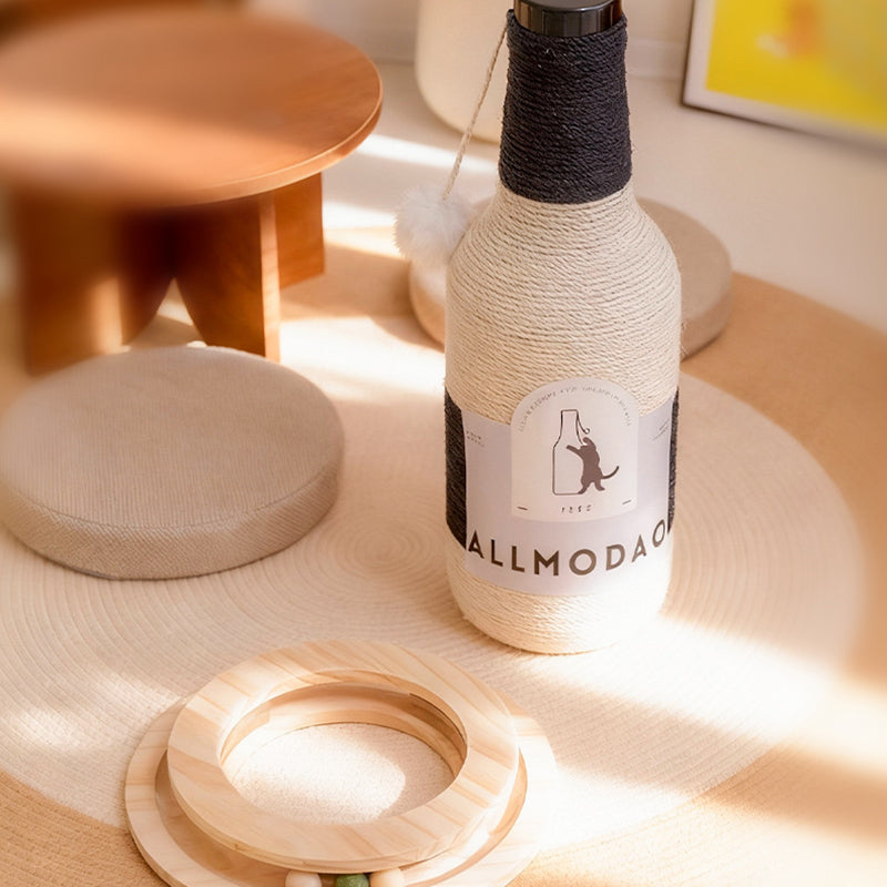Modern Art Deco Wooden Board Sisal Rope Wine Bottle Cat Tower 1-Rotating Base For Living Room Cuvalon