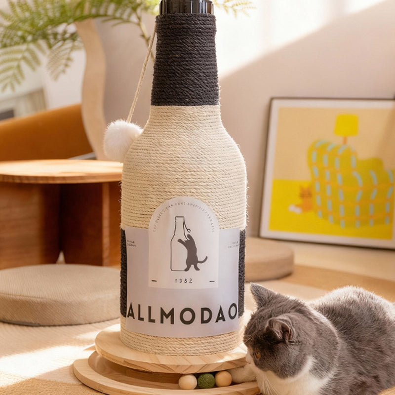 Modern Art Deco Wooden Board Sisal Rope Wine Bottle Cat Tower 1-Rotating Base For Living Room Cuvalon