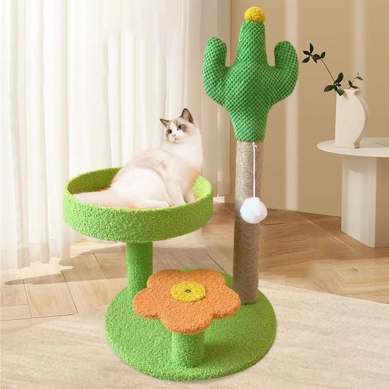 Traditional Rustic Sisal Rope MDF Fabric Cactus Scratching Cat Tower 3-Tier For Living Room Cuvalon
