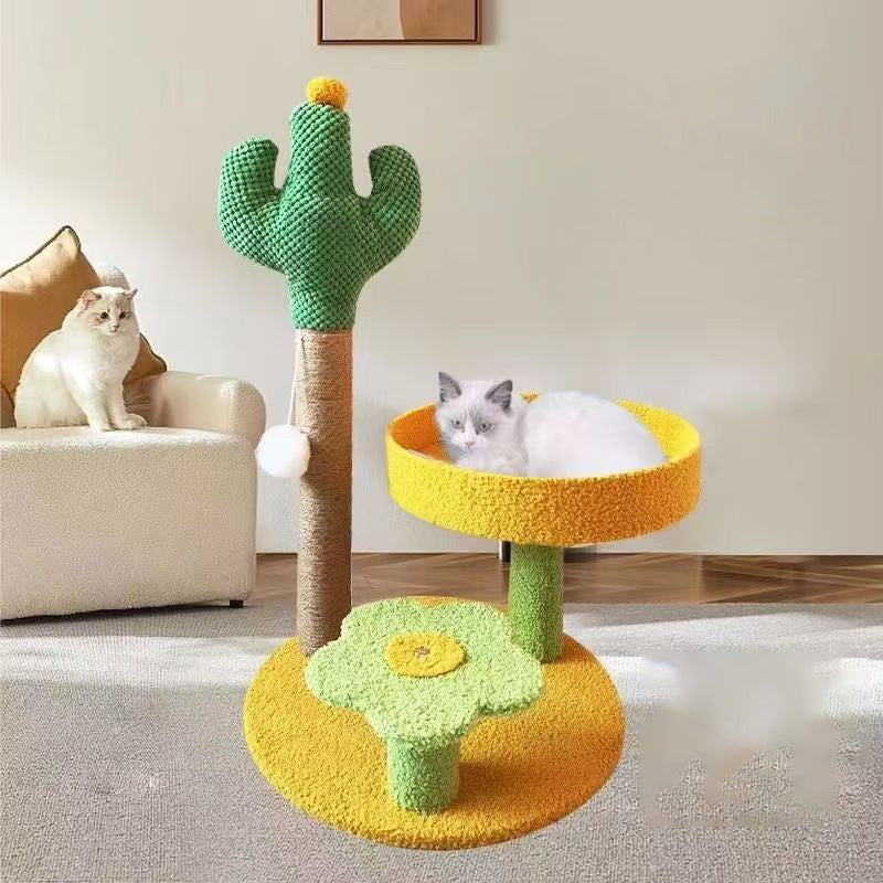 Traditional Rustic Sisal Rope MDF Fabric Cactus Scratching Cat Tower 3-Tier For Living Room Cuvalon
