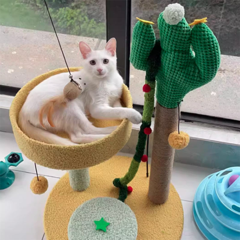 Traditional Rustic Sisal Rope MDF Fabric Cactus Scratching Cat Tower 3-Tier For Living Room Cuvalon