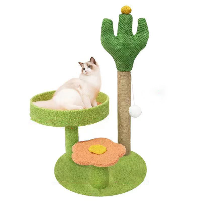 Traditional Rustic Sisal Rope MDF Fabric Cactus Scratching Cat Tower 3-Tier For Living Room Cuvalon