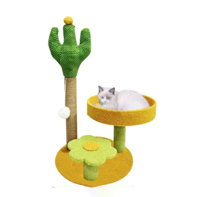 Traditional Rustic Sisal Rope MDF Fabric Cactus Scratching Cat Tower 3-Tier For Living Room Cuvalon