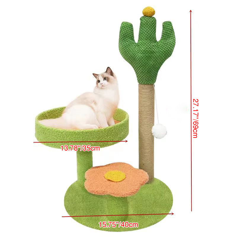 Traditional Rustic Sisal Rope MDF Fabric Cactus Scratching Cat Tower 3-Tier For Living Room Cuvalon
